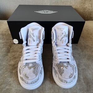 Jordan White High-Top Sneakers with Crystal Embellishments